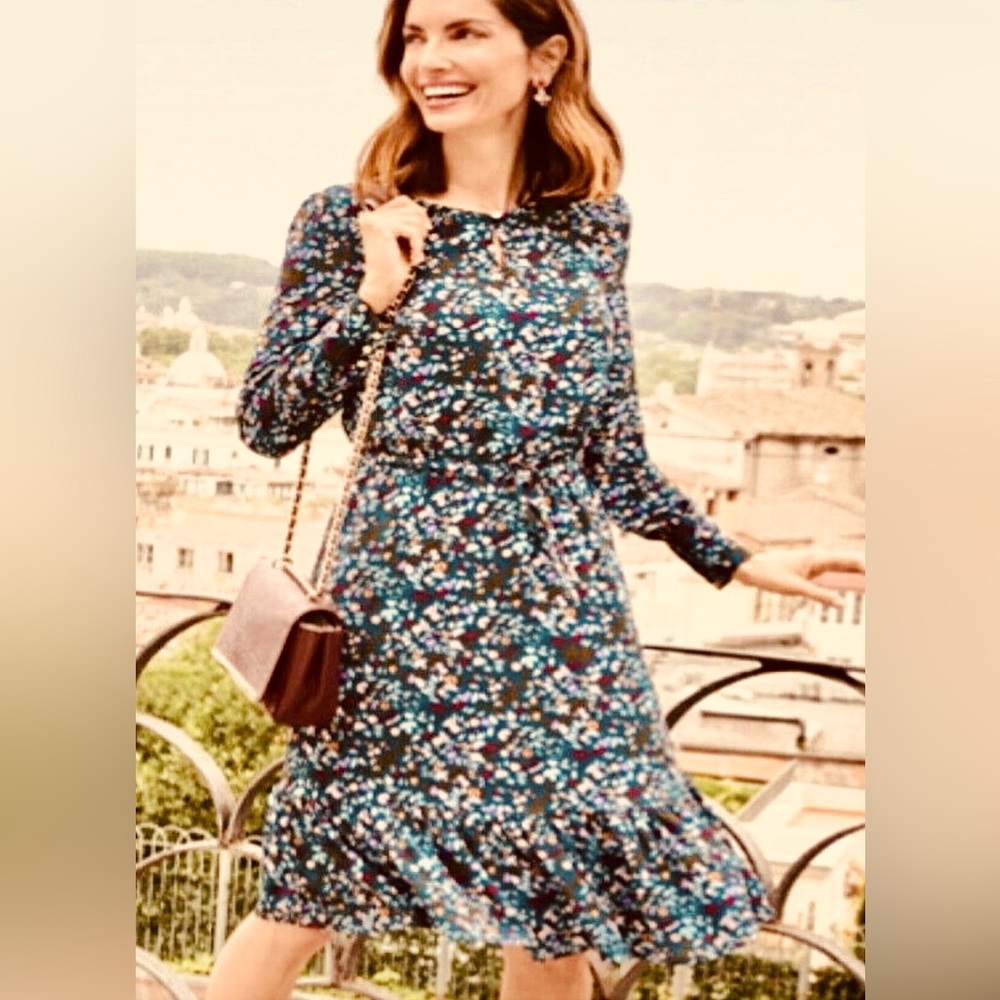 Talbots Teal Folk Floral Dress Peplum Hem Midi ZP1